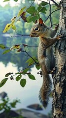 Obraz premium Squirrel climbing a tree in a serene forest, close-up view. Nature and wildlife exploration concept