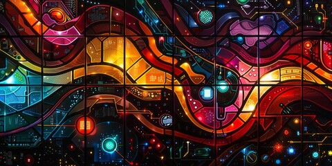 Obraz premium Vibrant Futuristic Abstract Digital Art with Multicolored Geometric Patterns