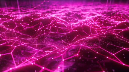Obraz premium Neon Glowing Network a grid of purple lines and dots on a black background.