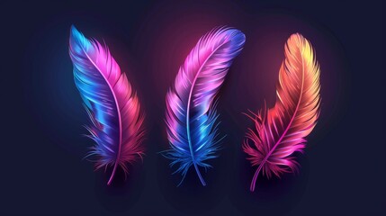 Obraz premium 3D feathers with neon glowing against a dark background.