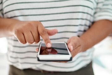Woman, hands and scroll in office with smartphone for social network, mobile website and digital contact. Secretary closeup texting on cellphone, reading business notification and search media on app