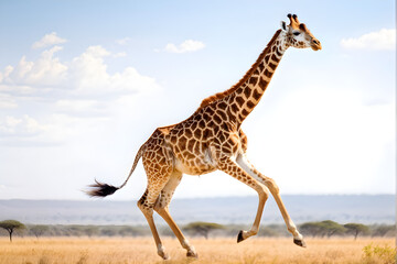 Fototapeta premium Young child giraffe running, isolated on white background