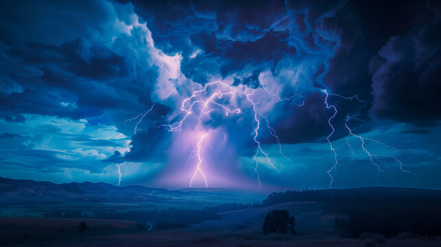 Nighttime Thunderstorm with Lightning Striking Across a Cloudy, Dark Blue and Pink Sky.
