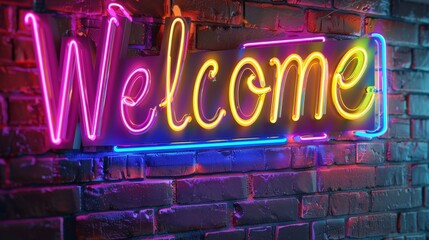 Fototapeta premium A glowing 3D neon sign with word Welcome set against a brick wall.