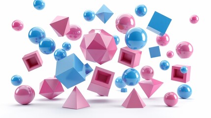 pink and blue geometric shapes and balls floating in a white space