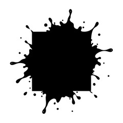A black square with black paint splattered on white background