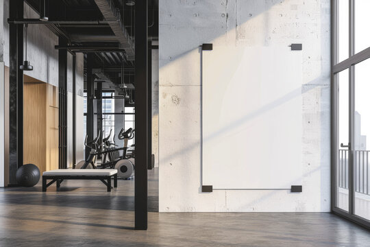 White mock up poster in modern gym with scandinavian style interior