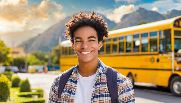 happy guy teenager schoolboy close up on blurred background of school. return to school September, knowledge day, junior high school, class, schoolchildren, students, autumn