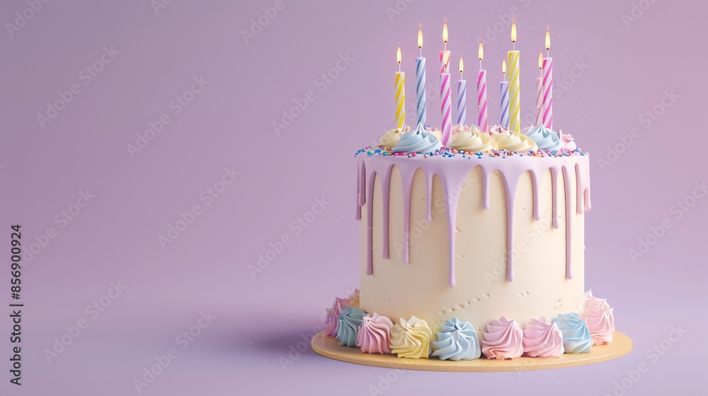 Wall mural A white birthday cake decorated with colorful sprinkles and lit candles.