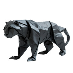 Angled view of a black origami panther isolated on a white transparent background