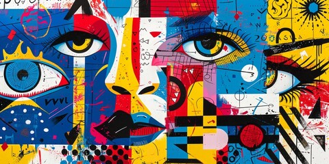 Obraz premium Colorful Abstract Faces: Vibrant Modern Art with Bold Geometric Patterns