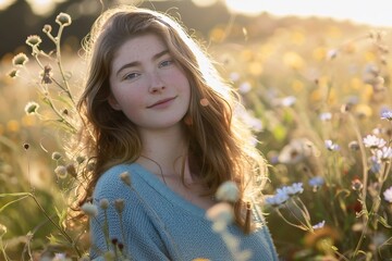Woman standing in a sunlit field of wildflowers wind tousling her hair gently.
