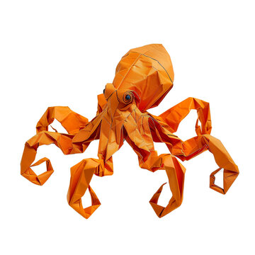 Angled view of a orange origami octopus isolated on a white transparent background