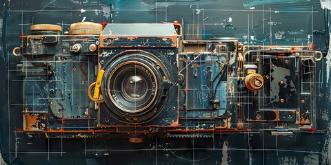 Fototapeta premium Vintage Camera: Detailed Mechanical Art Piece in Rustic Blue Shades