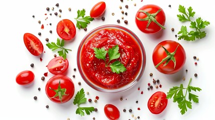 Tomato sauce in glass bowl with parsley and pepper on white background