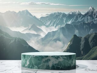Stunning mountain landscape with a circular marble platform. Perfect for showcasing products or presentations in a serene setting.