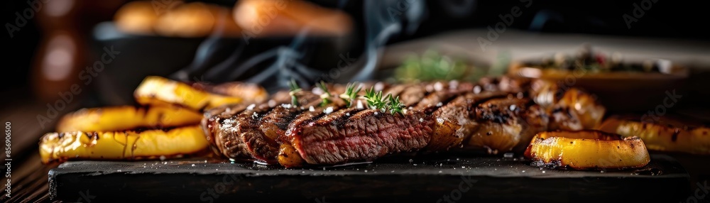 Wall mural juicy grilled steak served with caramelized onions and herbs on a rustic wooden board, perfect gourm