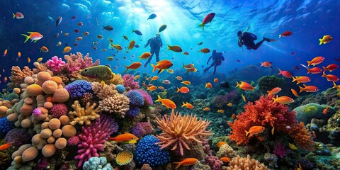 Divers exploring a colorful underwater reef teeming with fish and vibrant corals, diving, underwater, reef, fish, corals