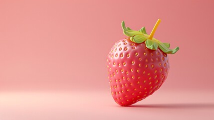 Close-up of a single red strawberry with a green stem against a soft pink background, illustrating vibrant freshness and simplicity. 3D Illustration.