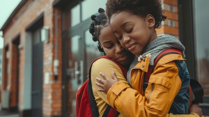 Fototapeta premium African Mother and son embrace outside school