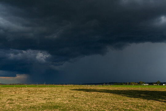Incoming storm with distant rain on farmland dark clouds overhead with sunlight on foreground grass