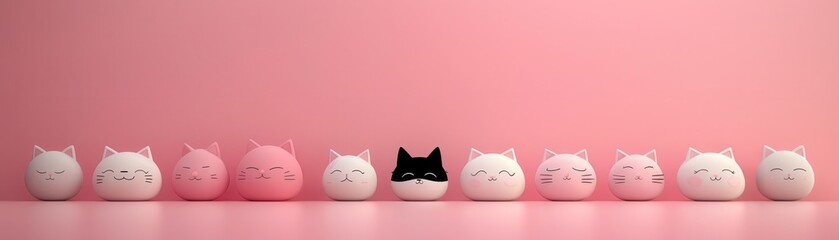 Cute row of cat-faced balls in various colors with one black cat amidst pink and white ones, against a pink background.