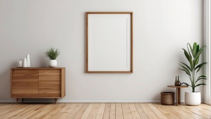 Interior home of living room with empty frame poster mock up and wooden cabinet on white wall, Scandinavian style