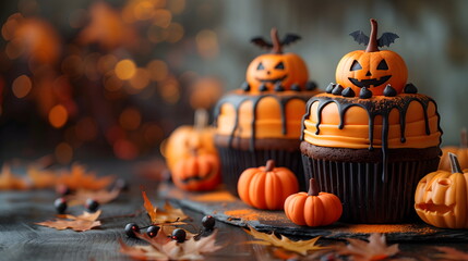 Halloween pumpkin cupcakes with fall hues. Halloween Party Food Idea.