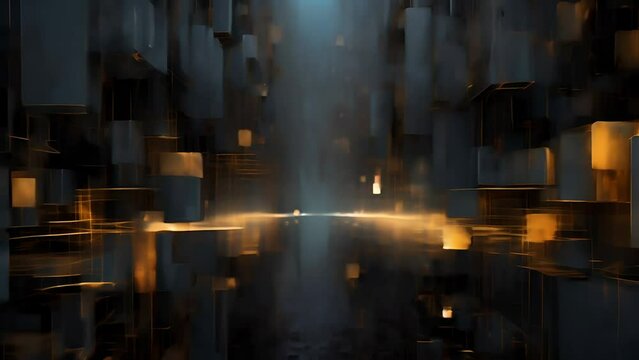 Abstract computer background with squares and lights, in the style of layered geometry, gray and amber	
