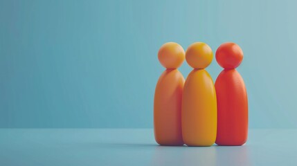 Colorful abstract figures arranged in a row on a bright blue background, representing unity, individuality, and teamwork. 3D Illustration.