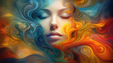 Explore the depths of the human mind with a 3D rendering of a face morphed with fractal paint, delving into inner worlds and emotions.