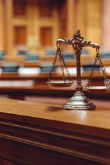 Background of empty courtroom. Blurred courtroom backdrop, nobody