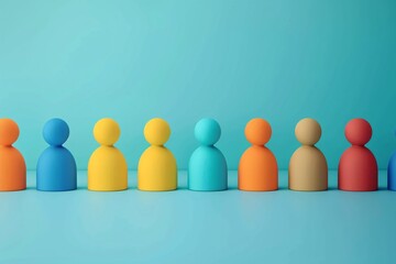 Colorful figures in a row against a blue background, representing diversity and unity in a minimalist and vibrant style. 3D Illustration.