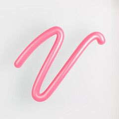 3D Pink Script Uppercase Letter V on light background. Cute Cursive Bubble typography symbol vector illustration.
