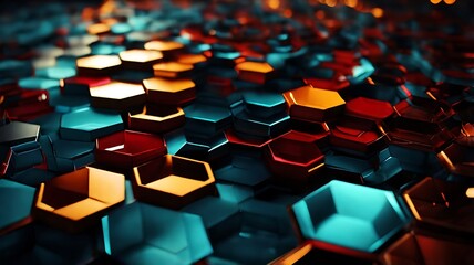 Obraz premium Colorful hexagonal geometric honeycomb pattern 3D background. Futuristic glowing amber hexagonal or honeycomb backdrop. Technology, future and innovation concept. 3D Rendering