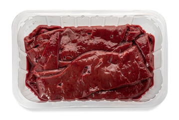 Slices of raw veal liver in clear plastic food tray isolated on transparent