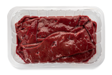 Slices of raw veal liver in clear plastic food tray isolated on transparent