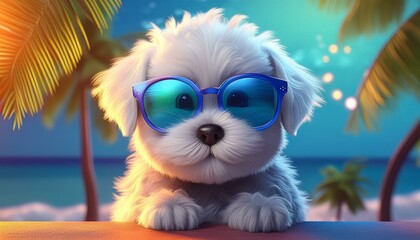 썬글라스를 낀 3D 귀여운 아기 말티즈 강아지