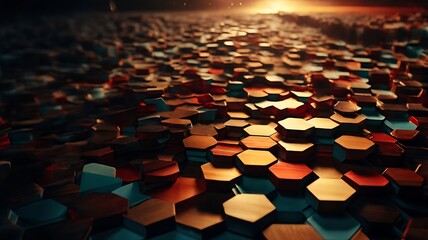 Obraz premium Colorful hexagonal geometric honeycomb pattern 3D background. Futuristic glowing amber hexagonal or honeycomb backdrop. Technology, future and innovation concept. 3D Rendering