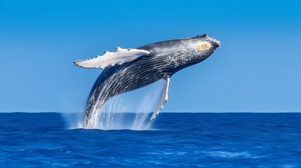 Fototapeta premium Majestic Humpback Whale Breaching Out of the Ocean in a Spectacular Display of Power and Grace