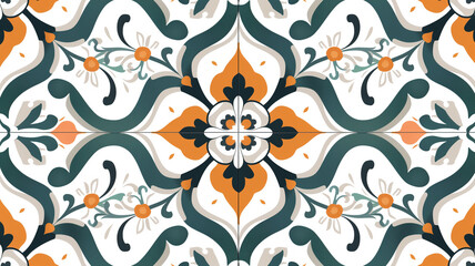 Vibrant floral geometric pattern with stylized flowers and flowing shapes in green, orange, and white, evoking a fresh, decorative aesthetic.