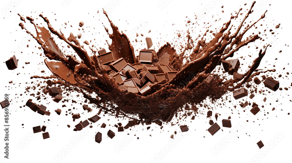 Wall mural tempting chocolate splash abstract background - transparent isolated cocoa art in 3d | top view flat
