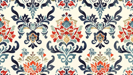 Vibrant floral geometric pattern with stylized flowers and flowing shapes in green, orange, and white, evoking a fresh, decorative aesthetic.