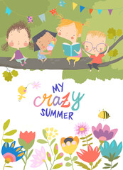 Cartoon Happy Children enjoying Summer in the Park. Vector Illustration