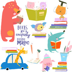 Set of Cute Cartoon Animals reading Books. Vector Illustration