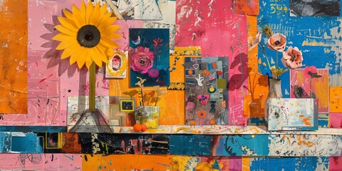 Abstract Mixed Media Artwork with Sunflower