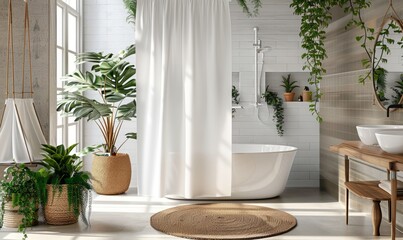 Fototapeta premium Cozy bathroom with a blank shower curtain