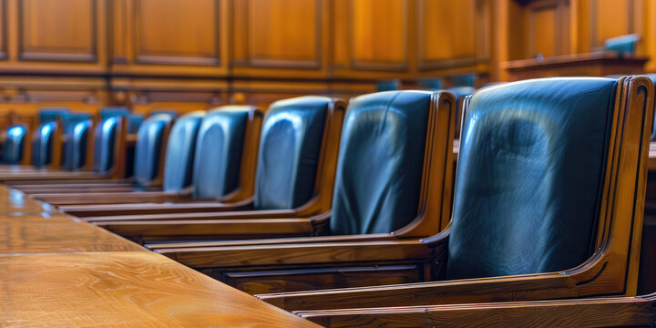 Background of empty courtroom. Blurred courtroom backdrop, nobody