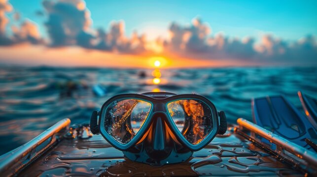Scuba Gear Awaiting Sunset Dive on Serene Ocean Waters