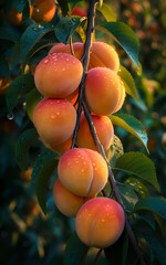 ripe juicy apricots bunch hanging on branch on tree in garden around green leaves. close up. digital artwork. Ai generated.